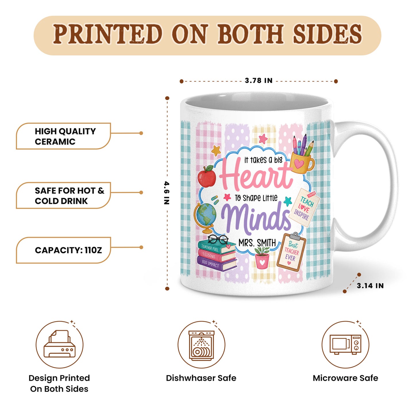 Back to School Personalized Teacher Mug, Custom Name Coffee Mug, Teacher Appreciation Gift for Preschool, Kindergarten & Elementary Teachers