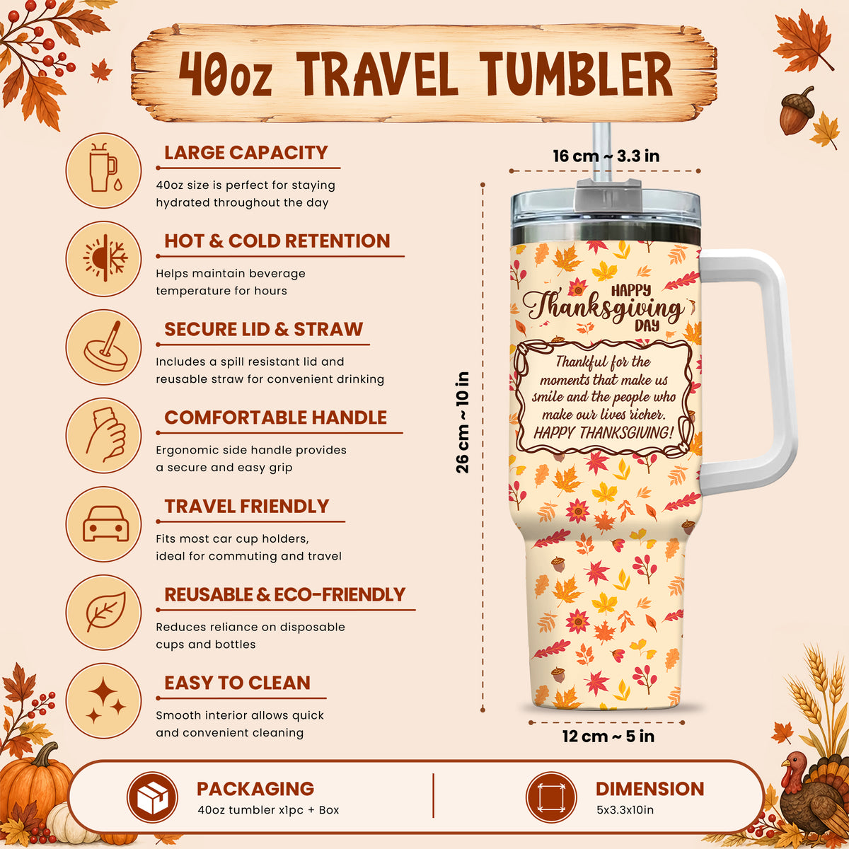 Personalized Thanksgiving Tumbler with Handle - Custom Name 40oz Travel Tumbler - Gift for Friends, Coworkers