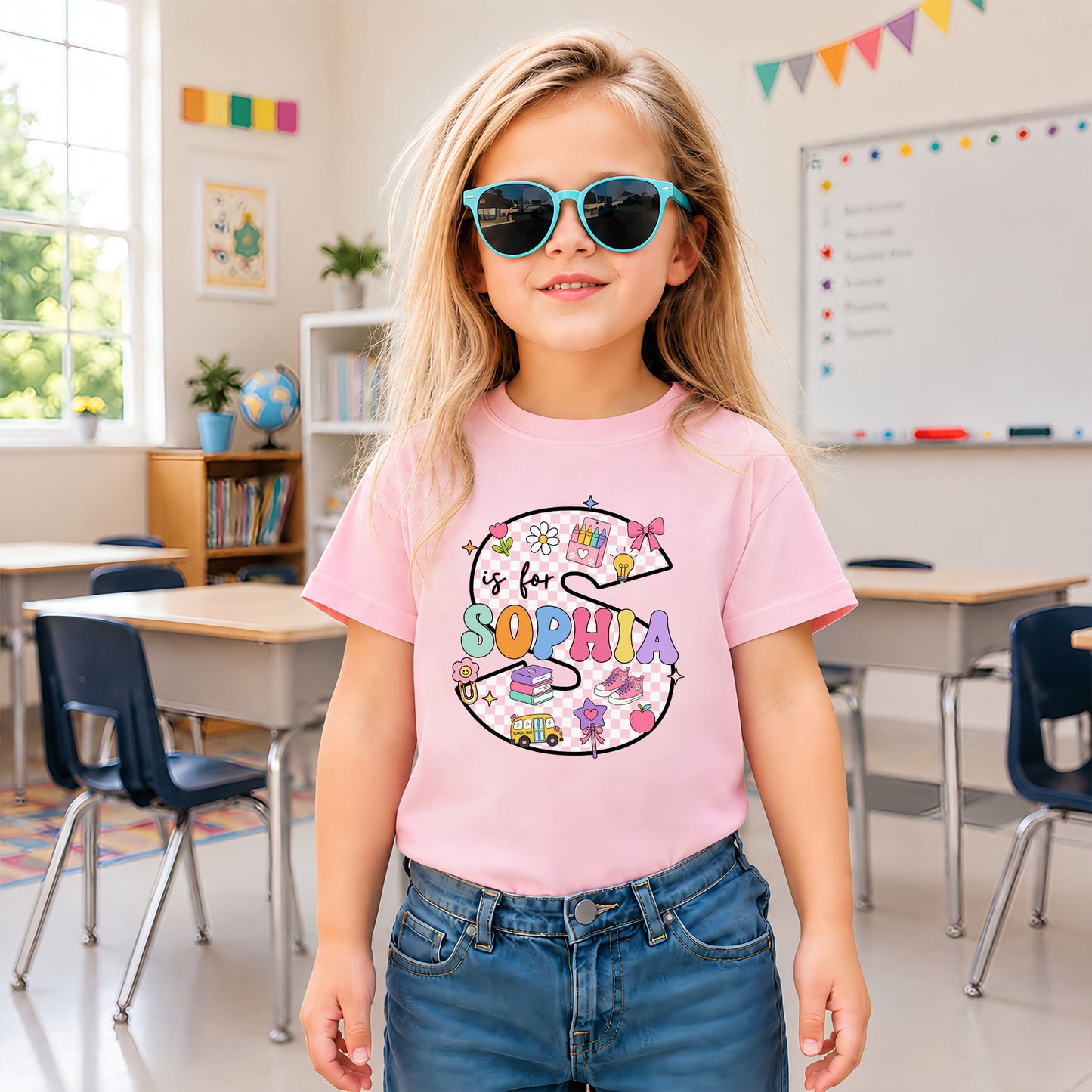 Pastel Alphabet School Shirt - Custom Name & Grade Kids T-Shirt - Back To School Gift for Girls