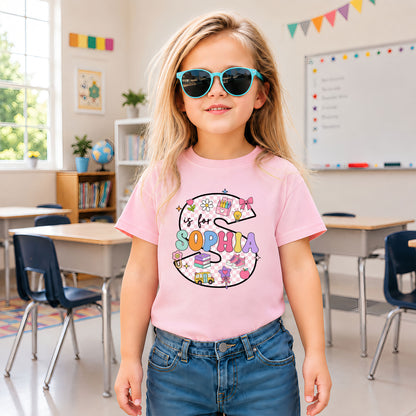 Pastel Alphabet School Shirt - Custom Name & Grade Kids T-Shirt - Back To School Gift for Girls