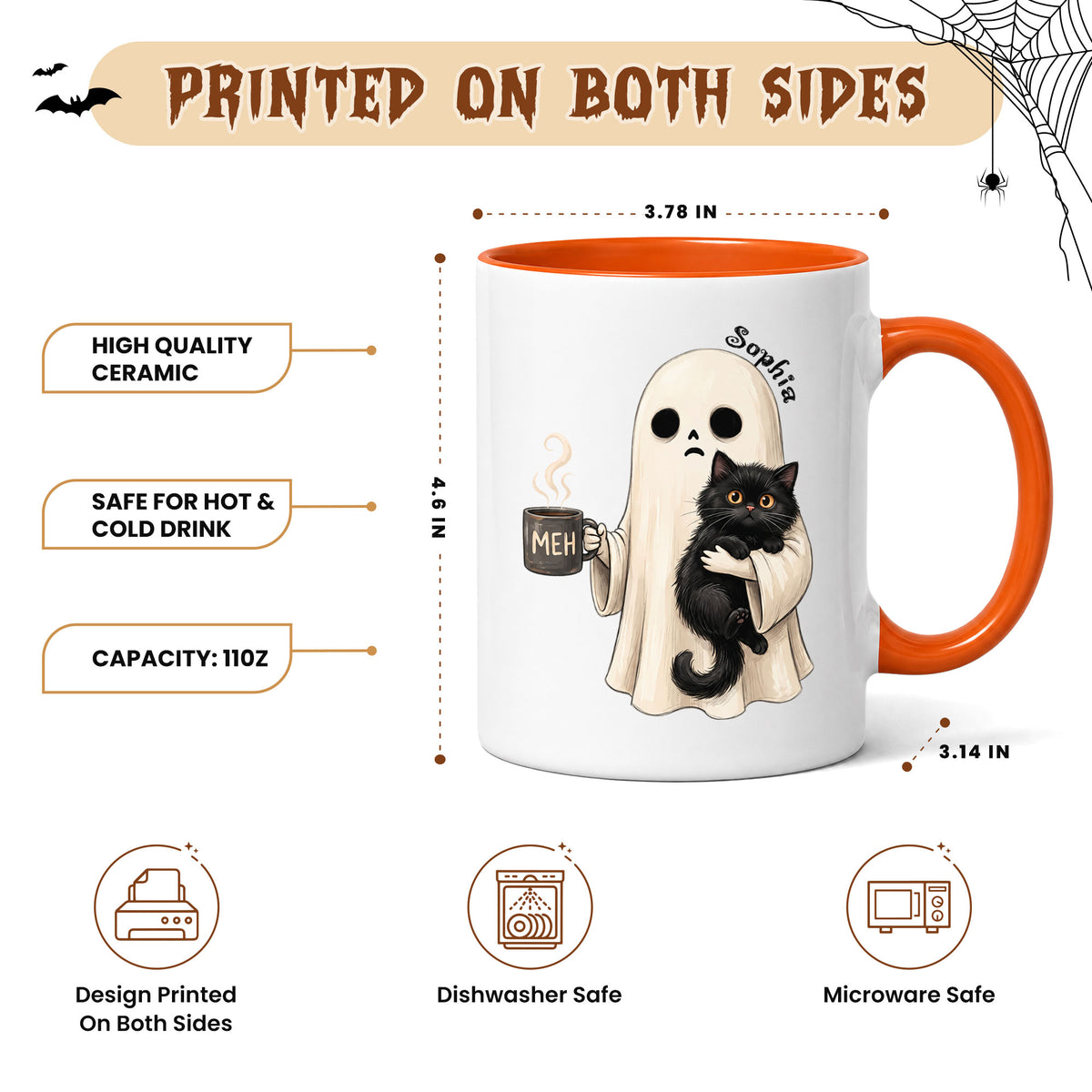Personalized Halloween Mug, Custom Ghost Cat Coffee Cup, Cute Spooky Mug, Halloween Gift for Cat Lovers