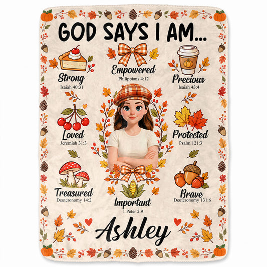Personalized Thanksgiving Blanket - God Says I Am - Fall Gift for Women, Self Gift