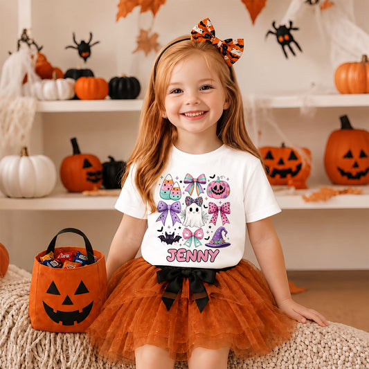 Personalized Halloween Coquette T-Shirt for Kids - Custom Name Ghost & Bow Shirt - Cute Spooky Halloween Tee, Halloween Gift