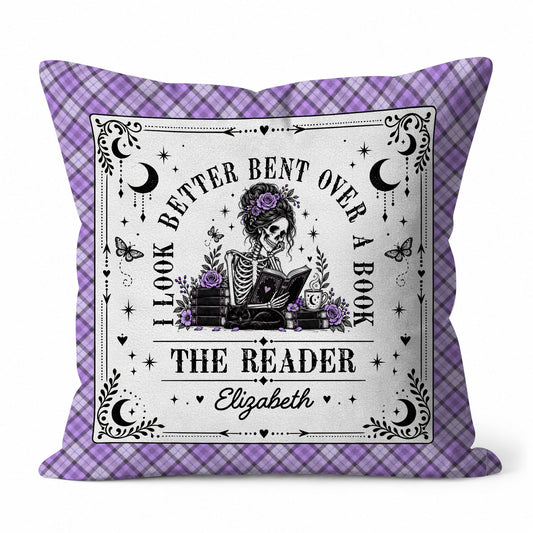 Personalized Halloween Reading Pillow - I Look Better Bent Over a Book - Custom Name Skeleton Pillow - Halloween Gift for Book Lovers