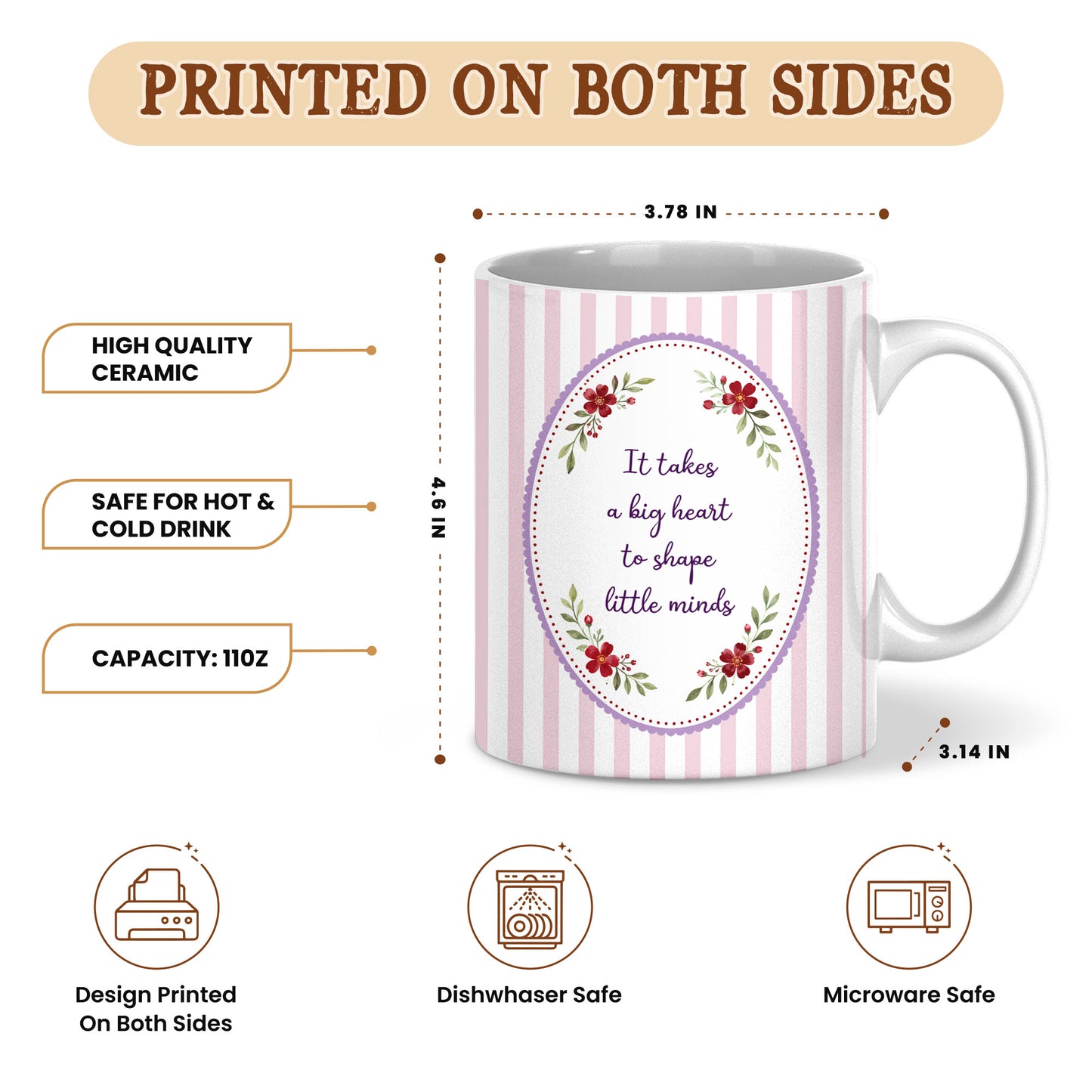 Back To School - Personalized Teacher Mug - ItTakes a Big Heart To Teach Little Minds - Custom Name Striped Coquette Mug,Teacher Appreciation Gift