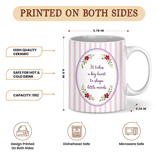 Personalized Teacher Mug - It Takes a Big Heart to Shape Little Minds - Custom Name Coquette Striped Mug, Back To School Teacher Gift