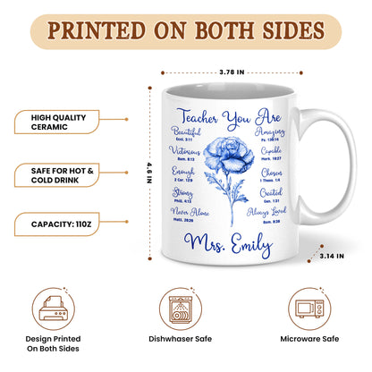 Birth Month Flower Bible Teacher Mug - Teacher You Are Amazing - Custom Teacher Name Coffee Cup - Back To School Gift for Teachers