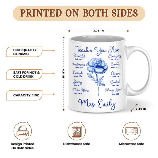 Birth Month Flower Bible Teacher Mug - Teacher You Are Amazing - Custom Teacher Name Coffee Cup - Back To School Gift for Teachers
