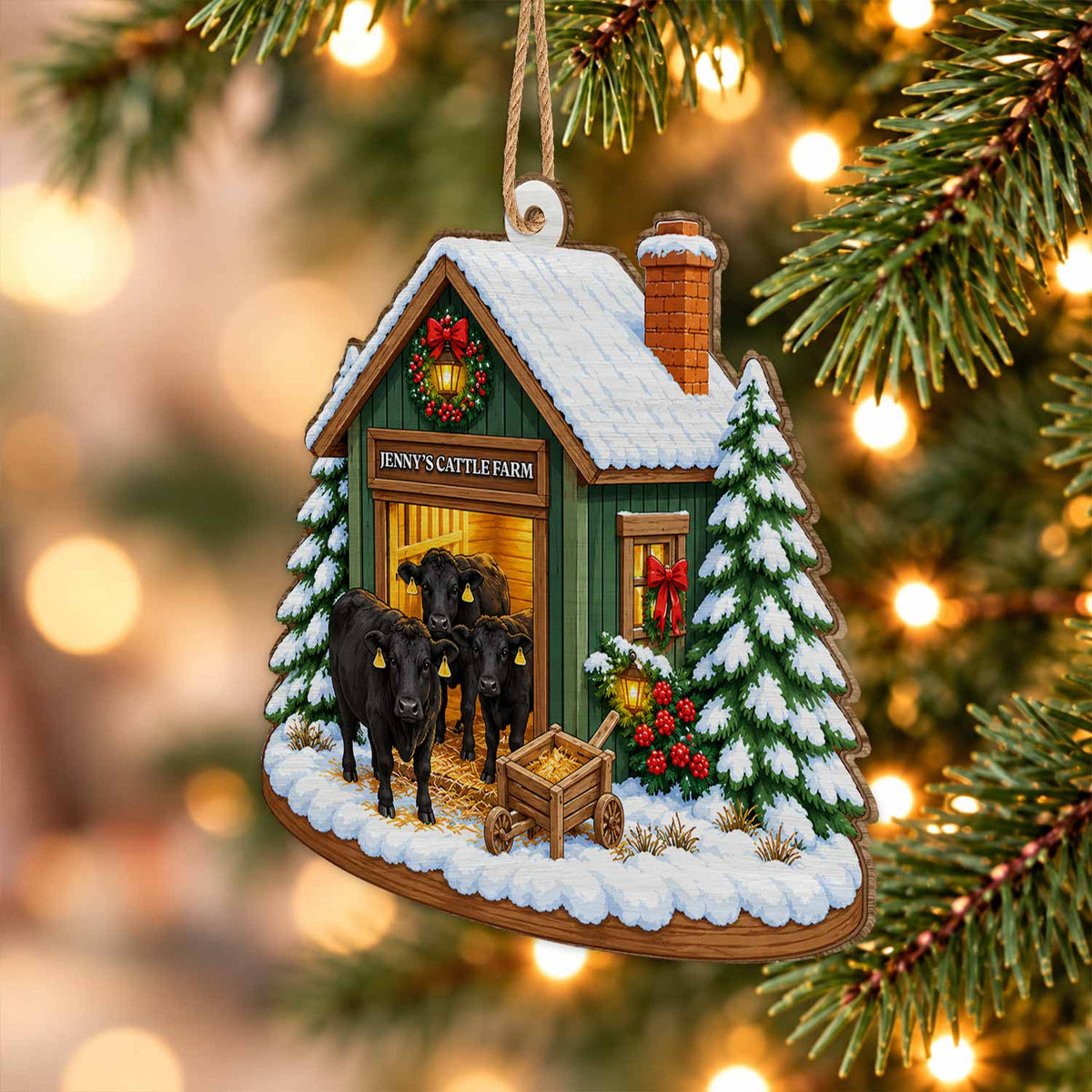 Personalized Custom Shape Wood Ornament - Custom Kid Name Cattle Farm Ornament - Farmhouse Holiday Keepsake