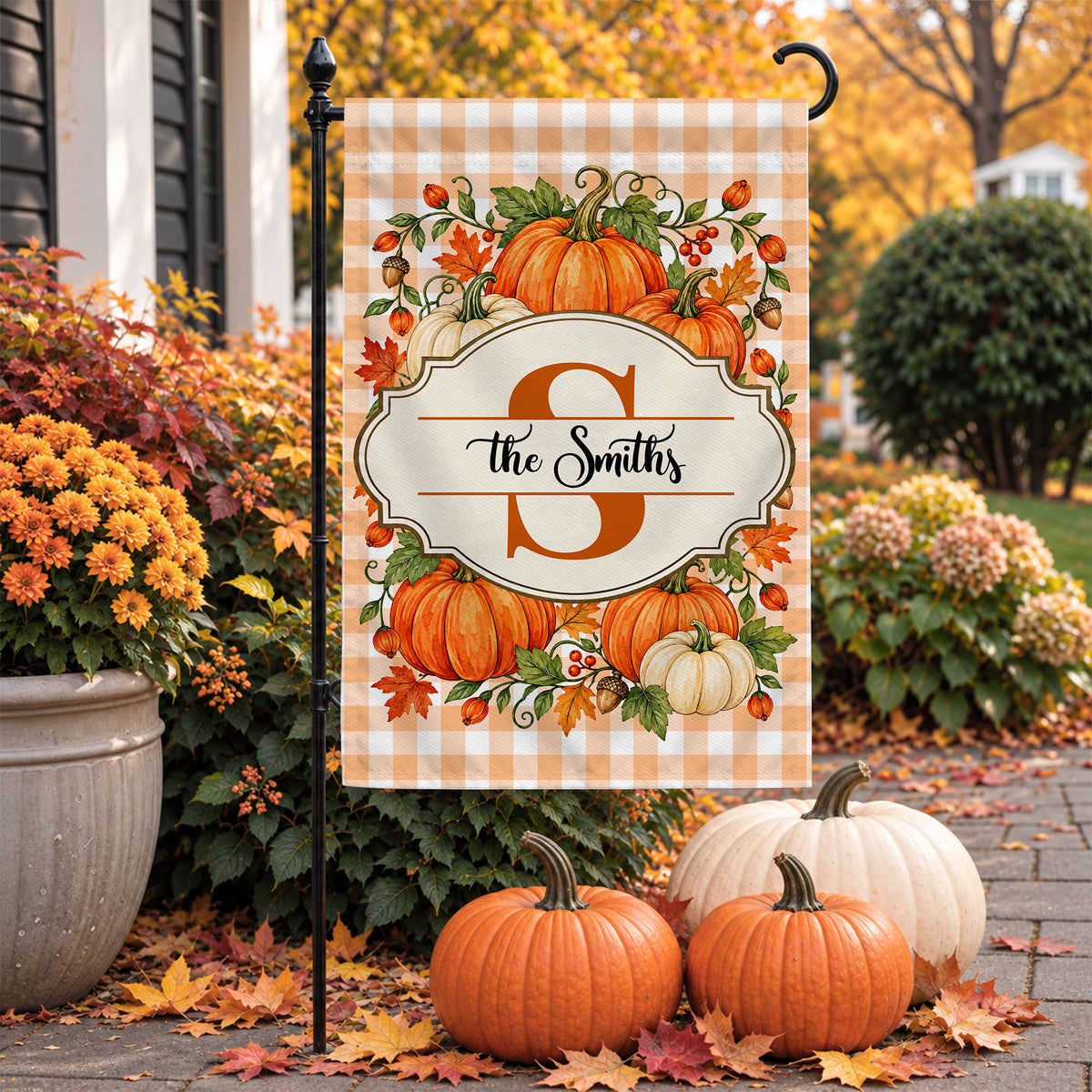 Personalized Thanksgiving Garden Flag - Custom Family Name Monogram Flag - Fall Pumpkin Yard Decor