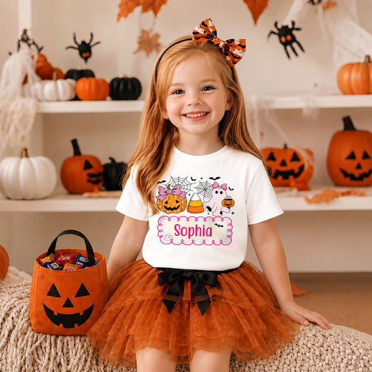 Personalized Halloween Kids Shirt - Custom Name Pumpkin Ghost T-Shirt - Cute Spooky Halloween Outfit, Trick or Treat Gift for Kids