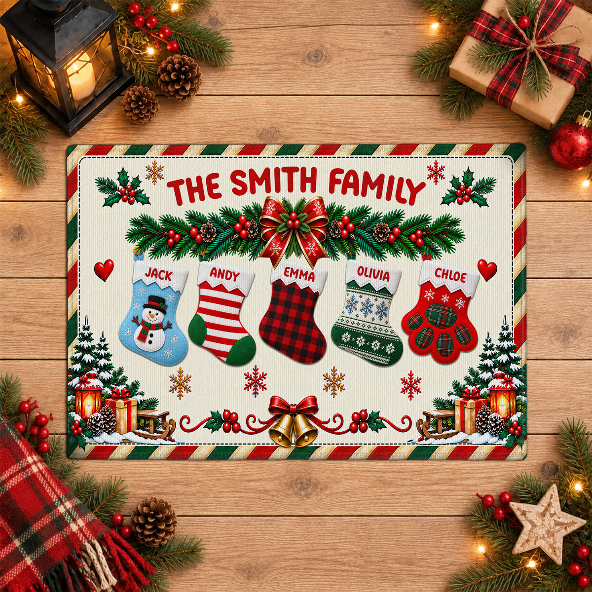 Personalized Christmas Doormat - Custom Family Name Stocking Mat - Christmas Entryway Decor, Personalized Holiday Gift
