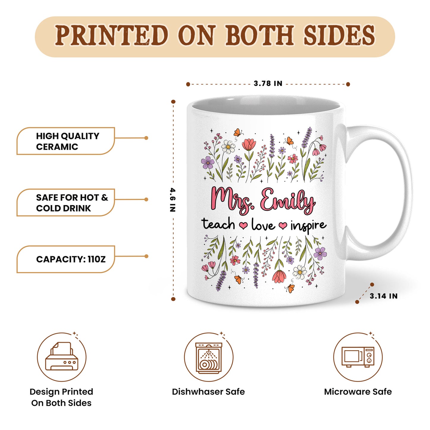Floral Teacher Mug - Teach Love Inspire - Personalized Wildflower Ceramic Coffee Mug - Back To School Gift for Teachers