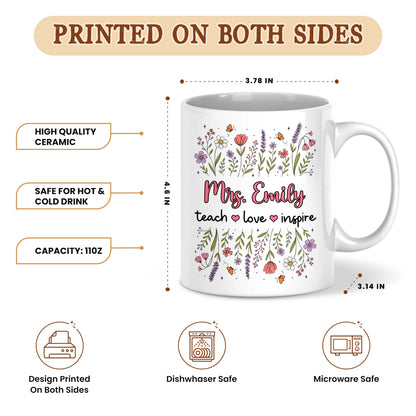 Floral Teacher Mug - Teach Love Inspire - Personalized Wildflower Ceramic Coffee Mug - Back To School Gift for Teachers