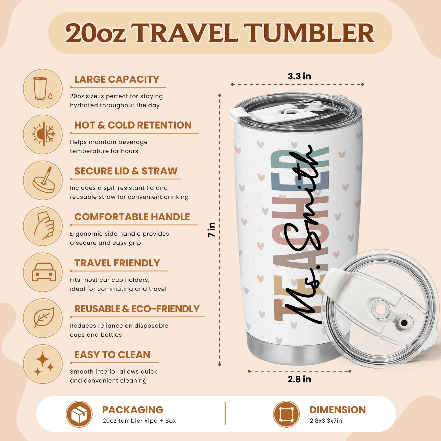 Pastel Rainbow Teacher Tumbler - Custom Teacher & Student's Name Stainless Steel Tumbler - Appreciation Gift for Teachers