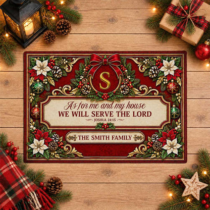 Personalized Christmas Door Mat - Serve The Lord Family Mat - Christmas Entryway Decor, Christian Holiday Gift