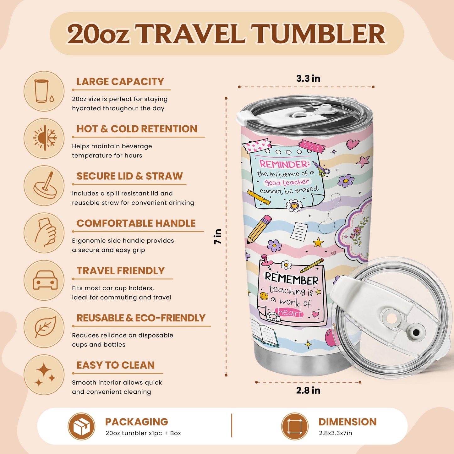 Teacher Notes Tumbler - Inspirational Sticky Notes for Teachers - Custom Teacher Name Travel Mug, Teacher Appreciation Gift