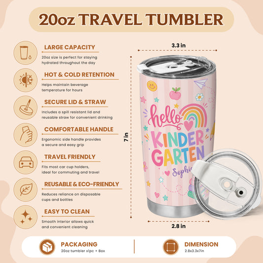 Personalized Hello Kindergarten Tumbler with Custom Grade & Name, Back to School Student Travel Cup, First Day of School Gift for Kids Students