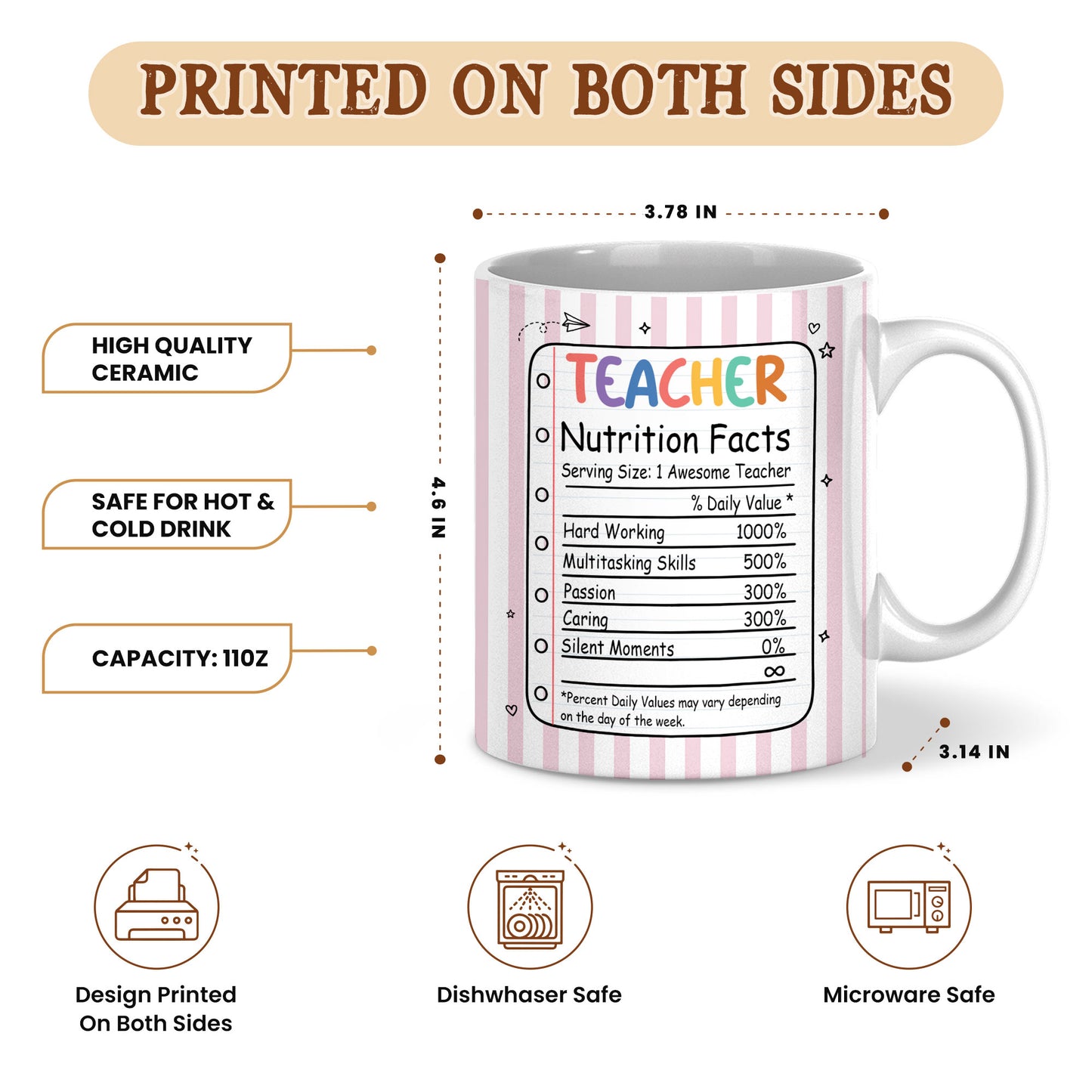 Back To School - Personalized Teacher Mug - Teacher Nutrition Facts - Custom Name Striped Mug, Gift for Teachers