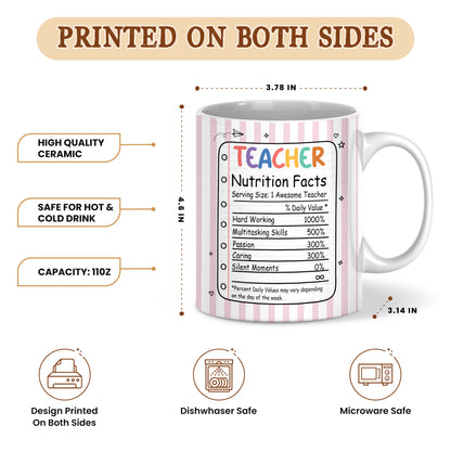 Back To School - Personalized Teacher Mug - Teacher Nutrition Facts - Custom Name Striped Mug, Gift for Teachers