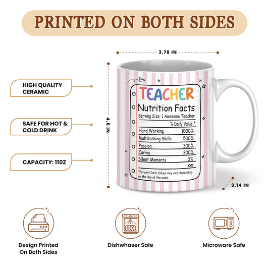 Back To School - Personalized Teacher Mug - Teacher Nutrition Facts - Custom Name Striped Mug, Gift for Teachers