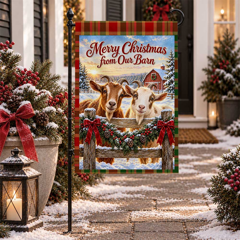 Christmas Garden Flag - Highland Cow Merry Christmas from Our Barn - Farmhouse Decor, Country Christmas Gift