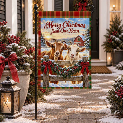 Christmas Garden Flag - Highland Cow Merry Christmas from Our Barn - Farmhouse Decor, Country Christmas Gift
