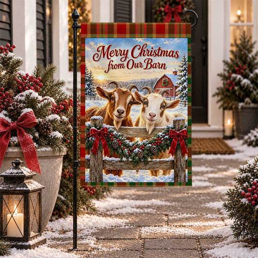 Christmas Garden Flag - Highland Cow Merry Christmas from Our Barn - Farmhouse Decor, Country Christmas Gift