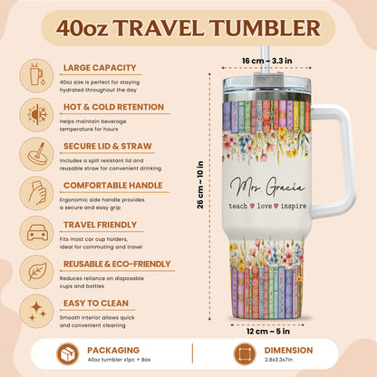 Personalized Teacher Tumbler - Vintage Floral Book Stack Tumbler - Custom Teacher Name Tumbler, Teacher Appreciation Gift