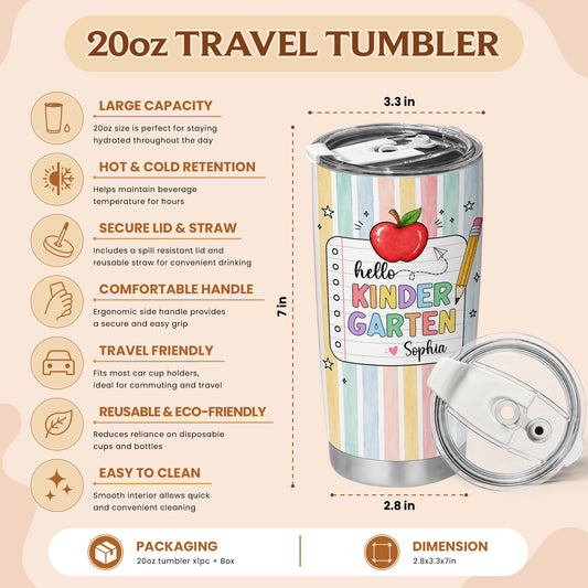 Personalized Hello Kindergarten Tumbler with Custom Grade & Name, Back to School Student Travel Cup, First Day of School Gift for Kids Students