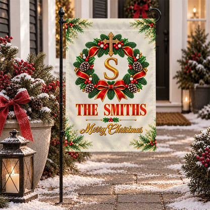 Personalized Christmas Garden Flag - Custom Family Name Monogram Wreath - Holiday Outdoor Decor, Christmas Gift