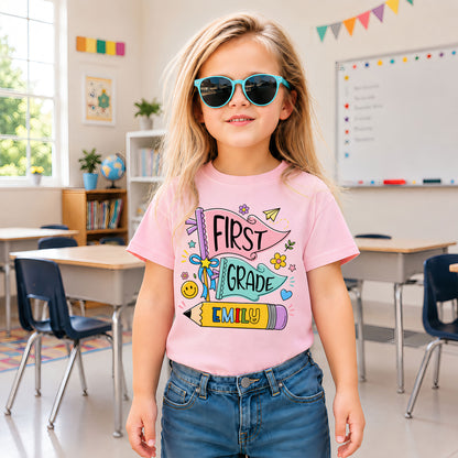 Personalized Back To School Shirt - Colorful Pennant Custom Grade & Name Kids T-Shirt - First Day of School Gift for Boys & Girls