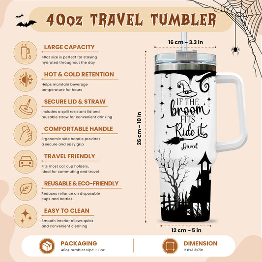 Personalized 40oz Halloween Tumbler with Custom Name, Witch Broom Design, Insulated Travel Cup with Handle