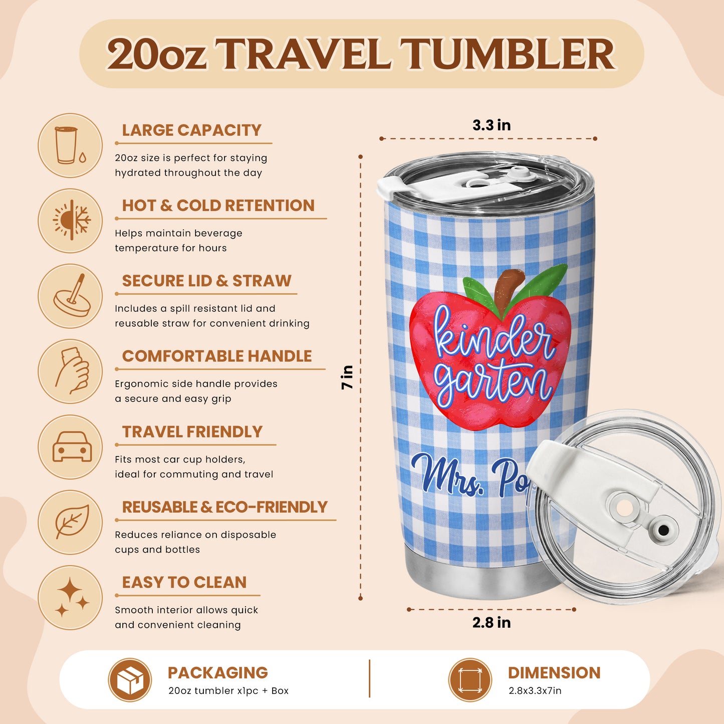 Gingham Teacher Tumbler - Personalized Teacher To Go Cup - Back To School Teacher Gift