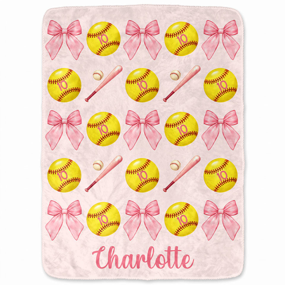 Personalized Softball Blanket for Girls - Custom Name Bow Softball Throw - Christmas Gift, Teen Athlete Gift