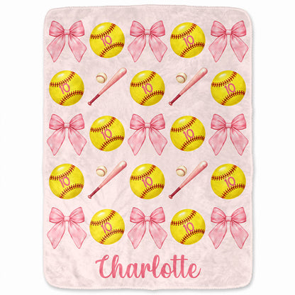 Personalized Softball Blanket for Girls - Custom Name Bow Softball Throw - Christmas Gift, Teen Athlete Gift