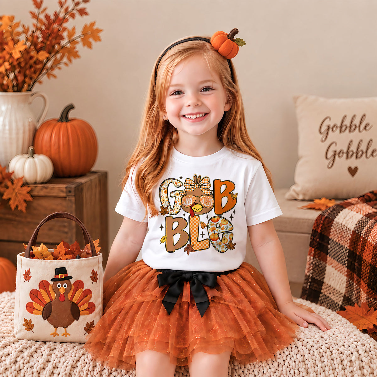 Thanksgiving Kids T-Shirt - Gobble Gobble Turkey Shirt - Funny Fall Turkey Tee for Kids