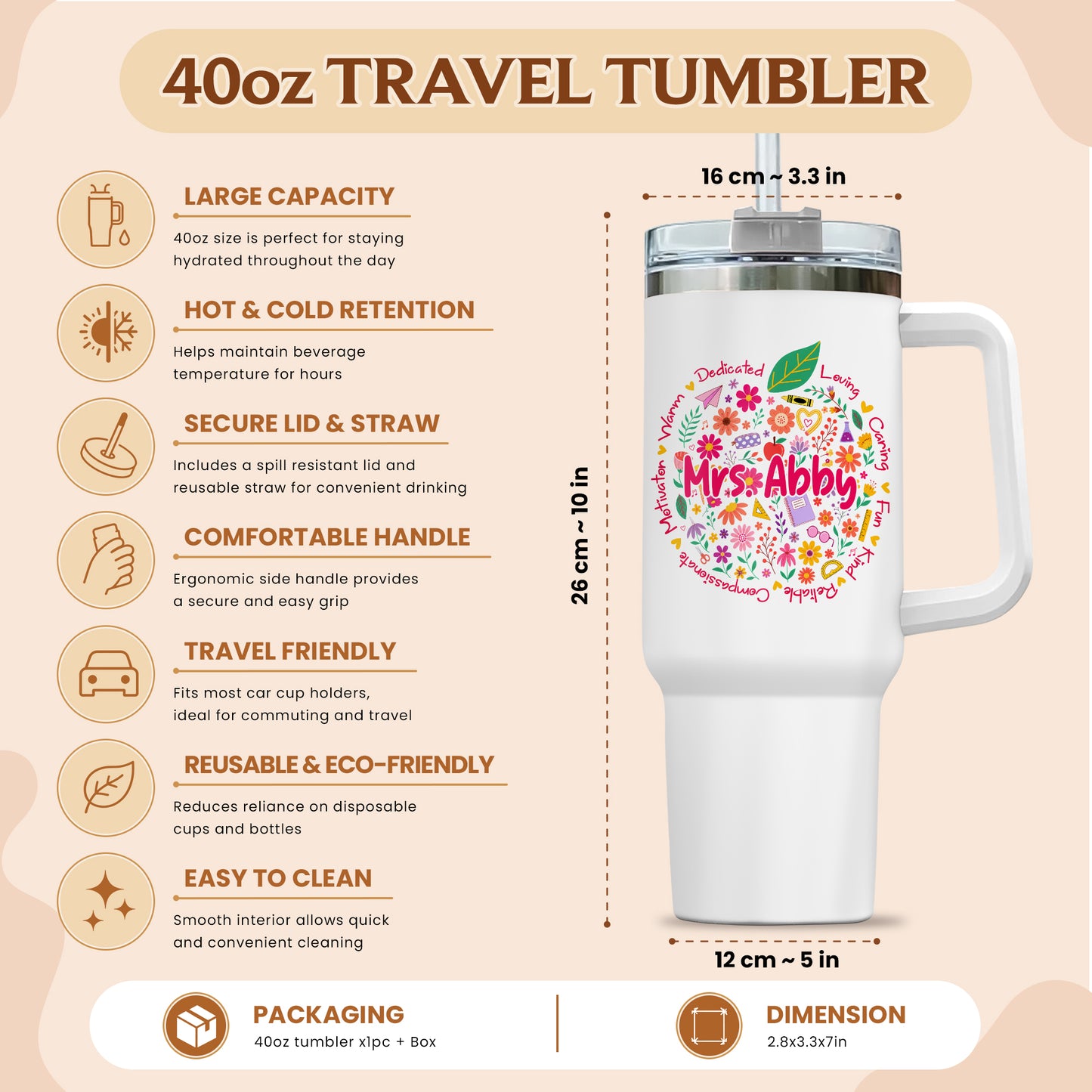 Retro Floral Teacher Tumbler With Handle - Custom Name Teacher To Go Cup, Back To School Teacher Gift