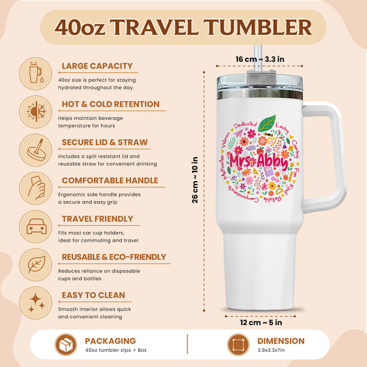 Retro Floral Teacher Tumbler With Handle - Custom Name Teacher To Go Cup, Back To School Teacher Gift