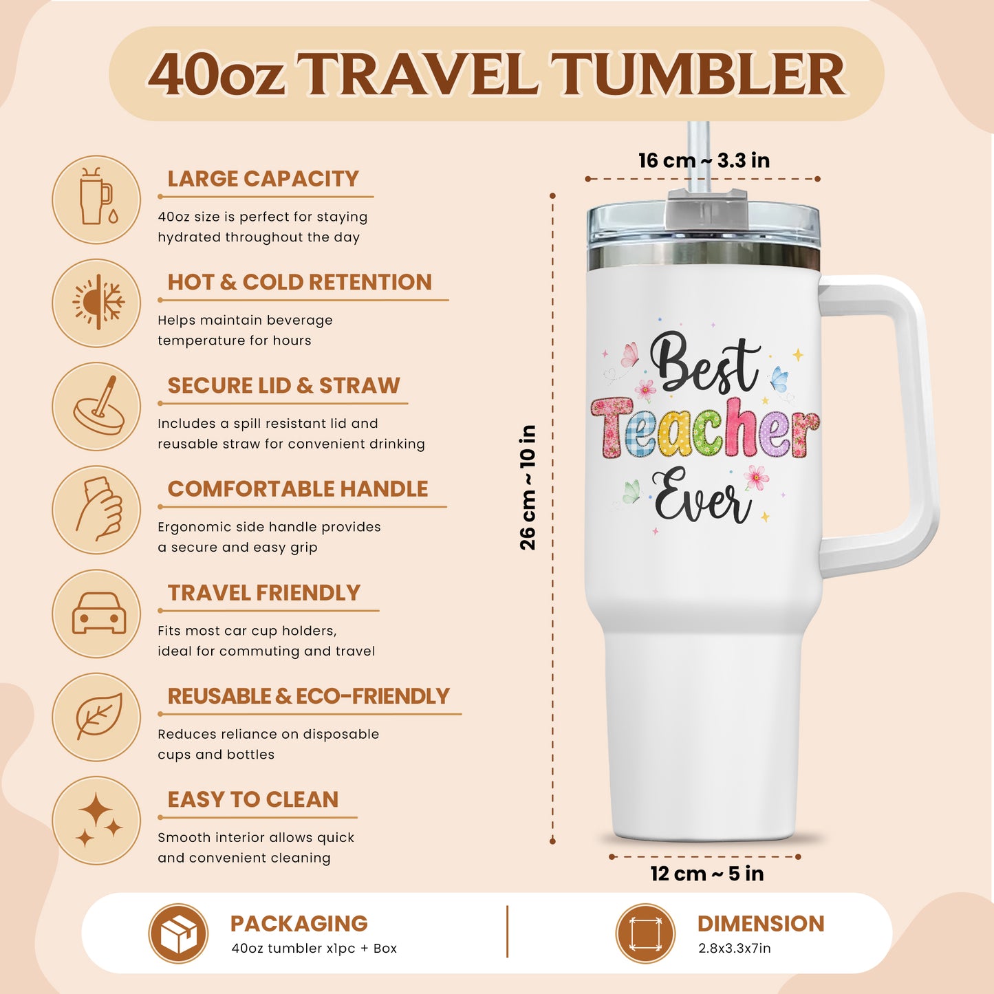 Personalized 40oz Teacher Tumbler with Handle & Straw – Custom Best Teacher Ever Gift for Back to School & Teacher Appreciation