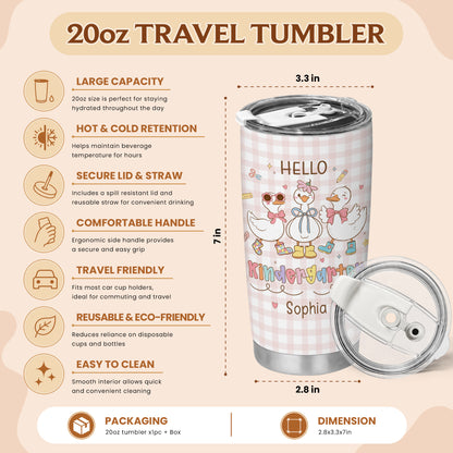 Personalized Hello Kindergarten Tumbler with Custom Grade & Name, Back to School Student Travel Cup, First Day of School Gift for Kids Students
