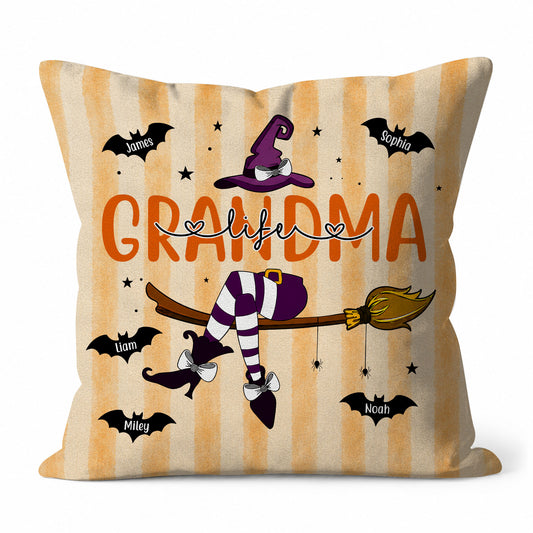 Personalized Halloween Family Pillow - Custom Kid Names Grandma Mom Pillow - Witch Broom Family Decor, Spooky Season Decor