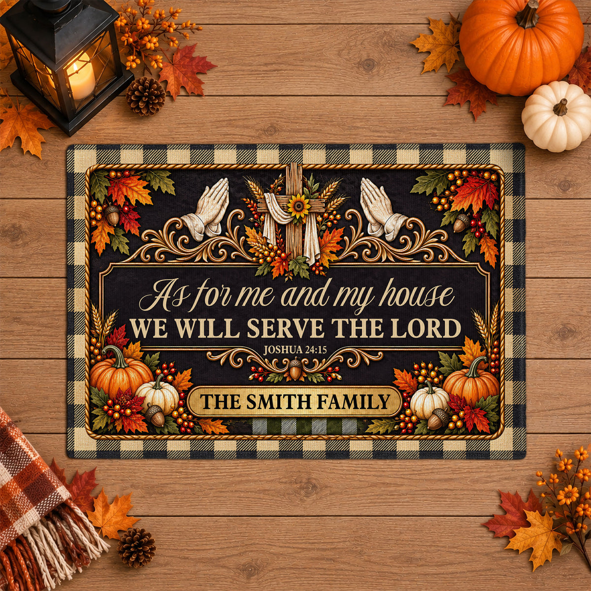 Personalized Thanksgiving Door Mat - Serving The Lord Family Mat - Christian Fall Home Decor