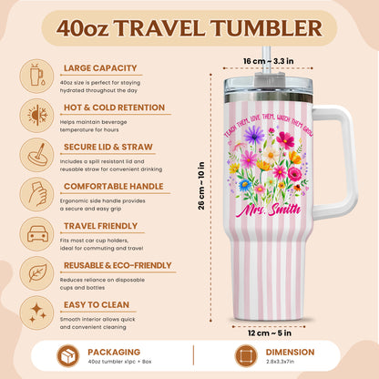 Personalized 40oz Teacher Tumbler with Handle & Straw – Custom Floral Teacher Gift for Back to School, First Day of School & Teacher Appreciation