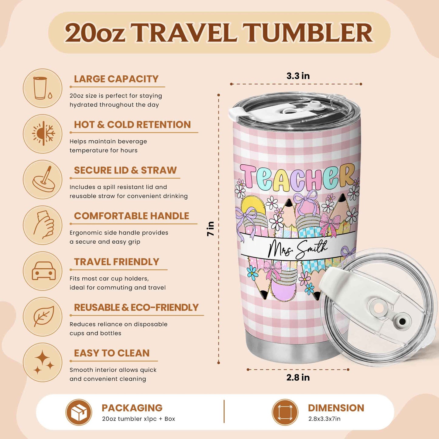 Personalized Teacher Tumbler with Custom Name, Cute Pencil Floral Travel Cup, Teacher Appreciation Gift, Back to School Teacher Gift