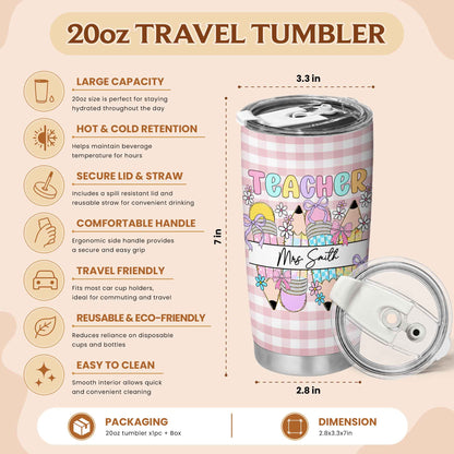 Personalized Teacher Tumbler with Custom Name, Cute Pencil Floral Travel Cup, Teacher Appreciation Gift, Back to School Teacher Gift
