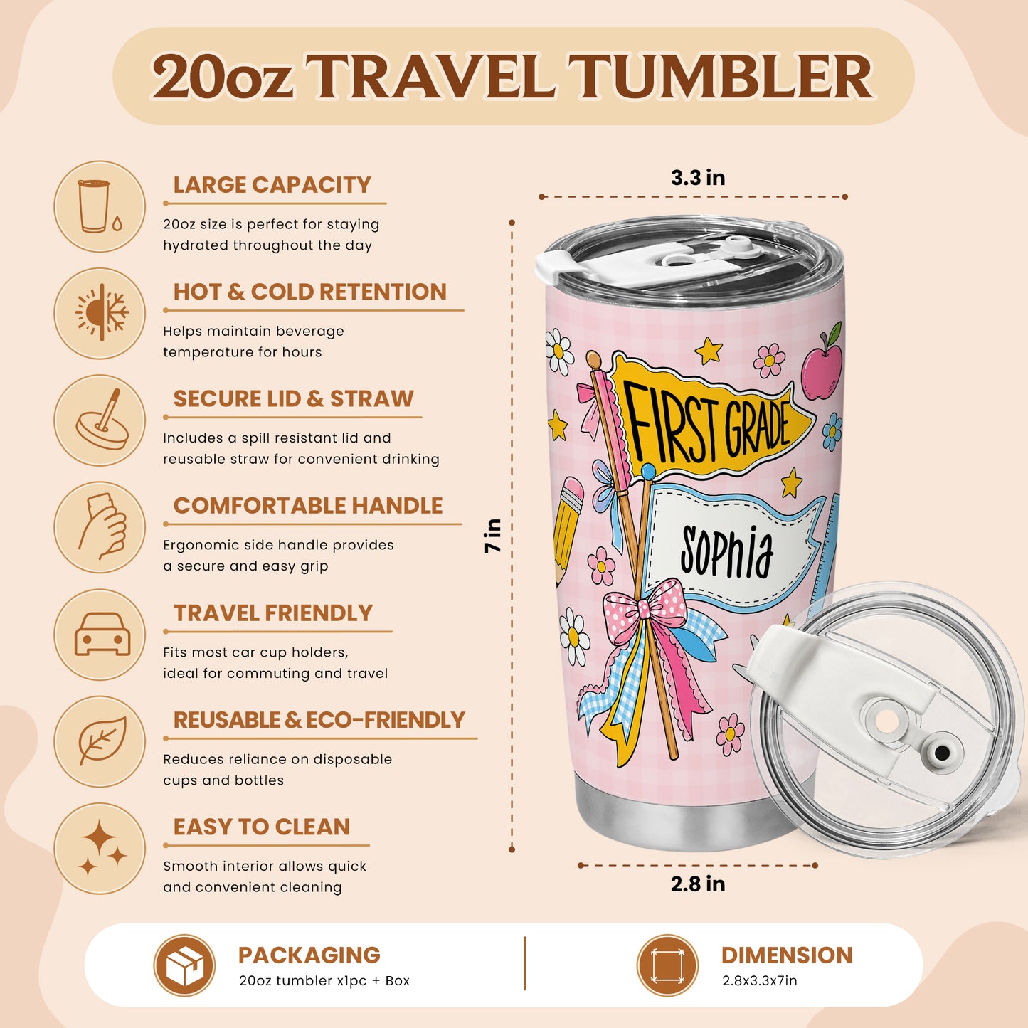 Personalized Back to School Tumbler - Custom Name & Class for Teachers and Students, Pastel Bow 20oz Travel Cup