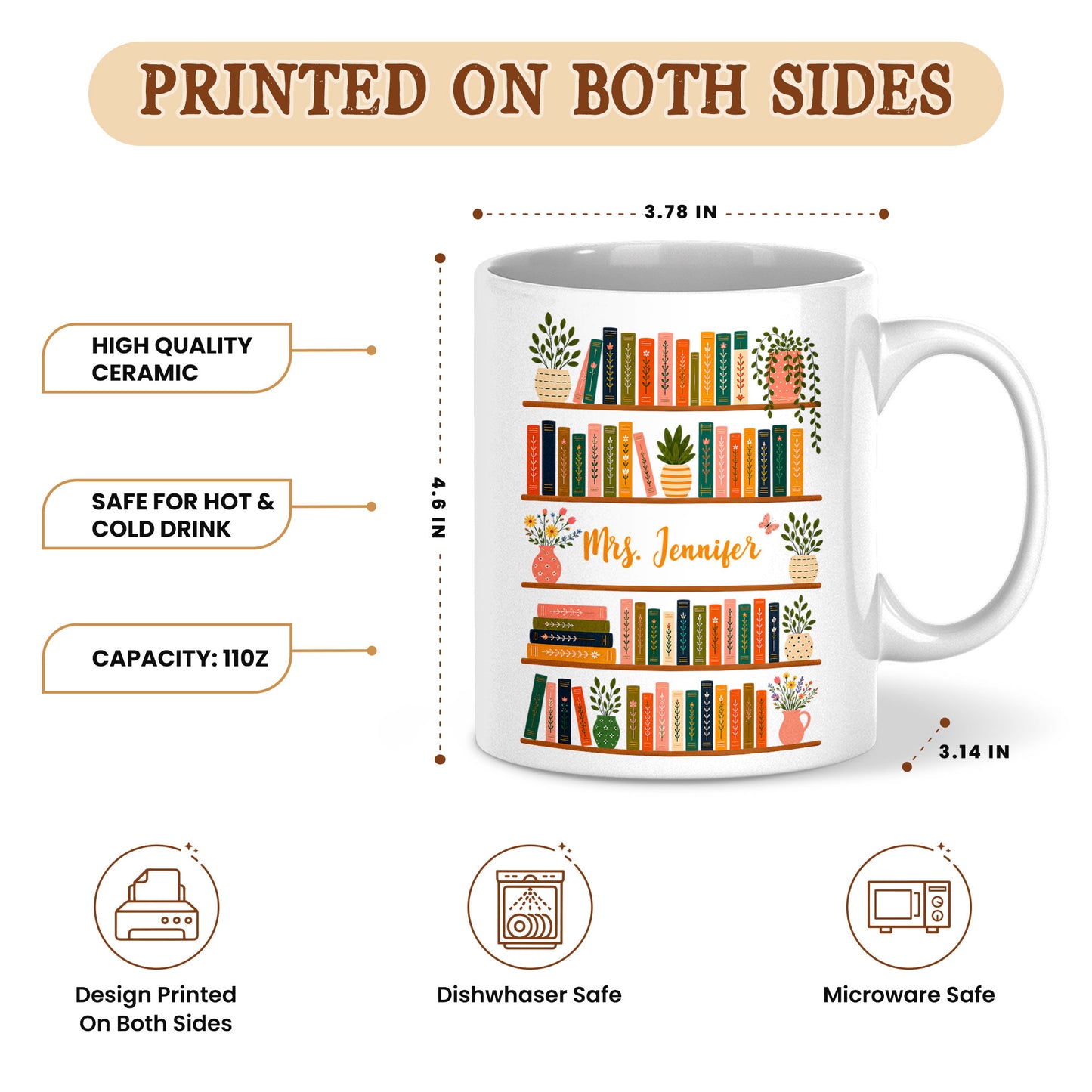 Vintage Floral Bookshelf Mug - Personalized Teacher Mug - Back To School Teacher Gift