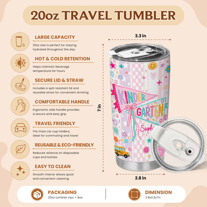 Personalized Back to School Tumbler - Custom Name & Class for Teachers and Students, Pastel Bow 20oz Travel Cup