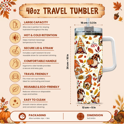 Personalized Thanksgiving Tumbler 40oz, Turkey Fall Leaves Gnome, Hello Fall Custom Name Gift For Adult & Friends